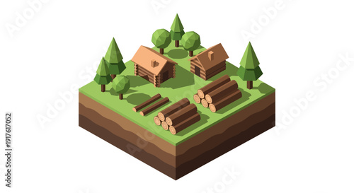 Isometric Village Scene With Houses and Trees.