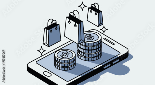 Mobile commerce concept with shopping bags and money on a smartphone screen.