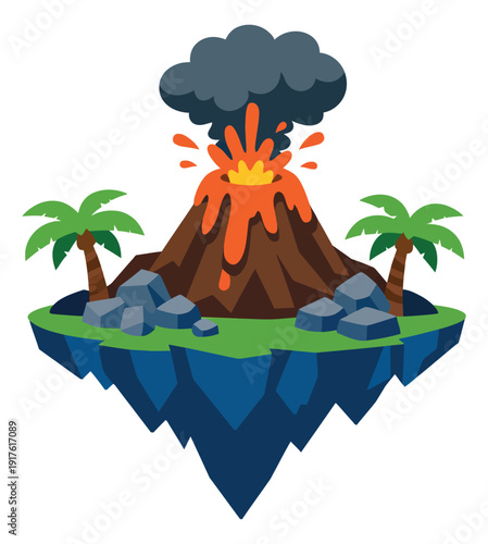 Cartoon illustration of a volcano on a floating island depicting an eruption for nature concepts