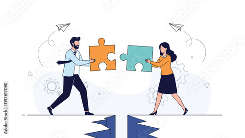 Business man and woman work together to bridge a gap by connecting two large colorful puzzle pieces in a team effort.
