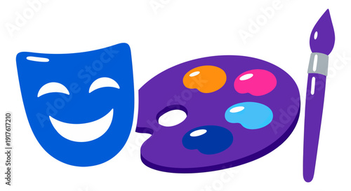 Colorful creative arts set featuring a comedy mask, paint palette, and paintbrush for artistic expression