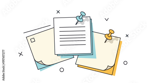 Set of colored sticky notes with hand-drawn lines and checkboxes pinned to a surface with blue and orange thumbtacks for reminders.