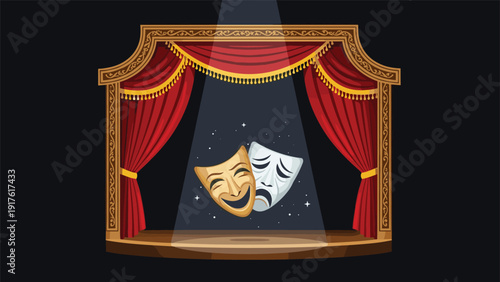 Classic theater stage with red curtains and spotlight shining on traditional comedy and tragedy masks representing performing arts.