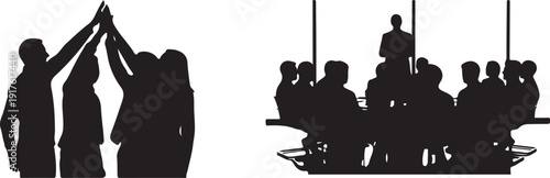 Teamwork Celebration and Business Meeting Silhouettes Isolated on white background