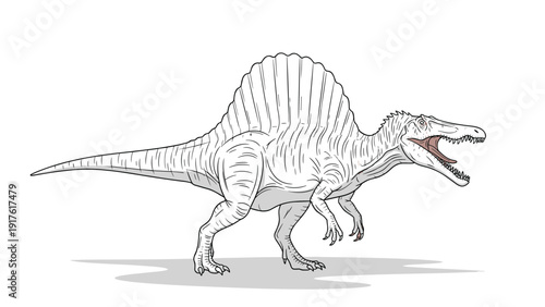 Detailed black and white drawing of a Spinosaurus dinosaur with its mouth open standing on a plain background for educational use.