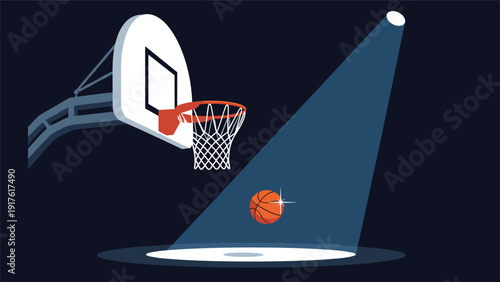Basketball hoop with a ball bouncing under a bright spotlight in a dark court representing a crucial moment in the game.