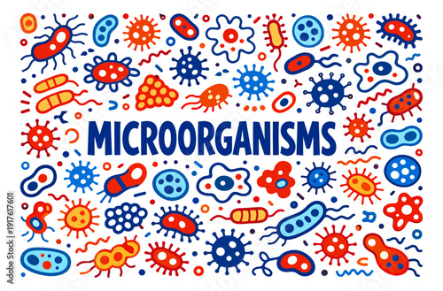 Hand drawn line art microorganism set featuring diverse germs and bacteria for science and biology education