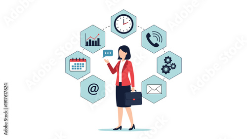 Businesswoman in a red jacket surrounded by business task icons in hexagons including clock, phone, settings, and mail.