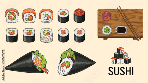 Large collection of different types of sushi, rolls, and temaki with ginger, wasabi, and soy sauce on a wooden board.