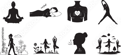 Wellness Icons: Meditation Sleep Heart Health Yoga Walking and Breathing Isolated on white background