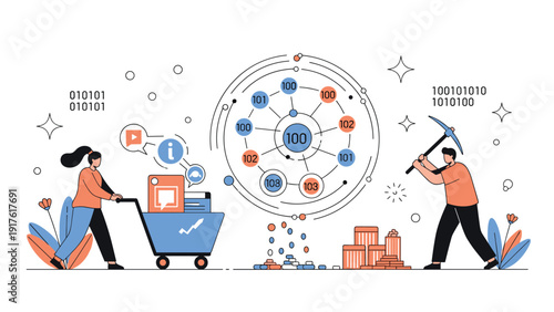 Illustration of people using a pickaxe and shopping cart to mine and collect digital data represented by numbered circles.