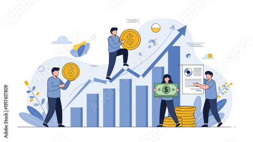 Business professionals carrying giant coins and climbing a rising bar chart arrow representing financial success and economic growth.
