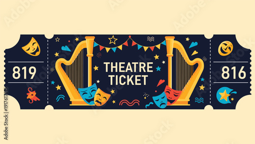 Ornate theater ticket with masks, harps, and stars on a dark background for performing arts and entertainment events.