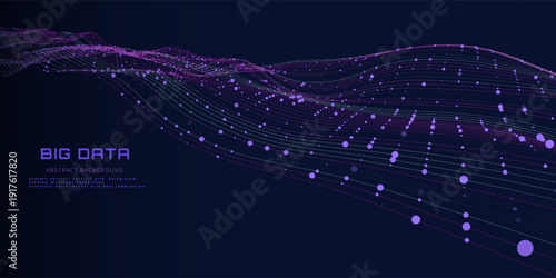 Abstract digital data from wavy lines stream quantum computing in dark cyberspace. Tech information transmission. Big data light flow.