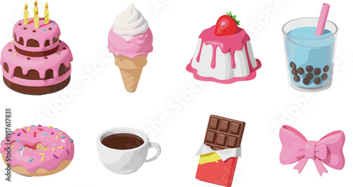 Cute pink dessert illustration set featuring cake, donut, ice cream, pudding, chocolate bar, coffee cup and bubble tea, colorful hand drawn vector collection isolated