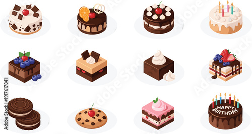 Dessert illustration set featuring assorted cakes, pastries and cookies with chocolate and fruit toppings, colorful hand drawn vector sweets isolated on white background