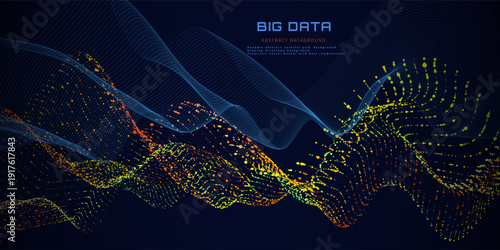 Abstract futuristic blue lines and color particles flow in way. Wavy  lines over color dots  lines in cyberspace.  Futuristic big data streaming in flowing inside of optical way. 5G.