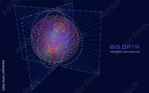 Abstract digital 3D sphere from big data in algorithm frames. Quantum computing concept on dark background. Artificial intelligence design. Blockchain from boxes сoncept.