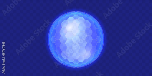 Abstract futuristic 3D blue sphere from hexagonal polygons for concept security shield. HUD Design Element. Vector Illustration.