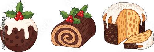 Festive Christmas dessert illustrations featuring chocolate cake, yule log, and traditional fruit cake with icing and holly decoration, holiday sweets isolated on white background