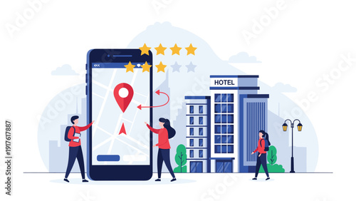 Travelers using a giant smartphone map with location pin to find a hotel with a five-star rating representing mobile travel services.