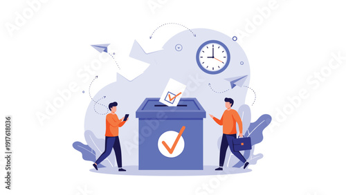 Group of people putting their paper ballots into a blue voting box for democratic elections in a modern flat vector illustration style.