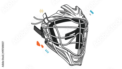 Professional white ice hockey goalie mask with protective metal cage isolated on white background for sports equipment catalog design.