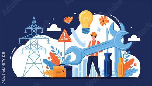 Electrical engineer holding a large blue wrench standing next to high voltage power lines and a modern city skyline illustration.