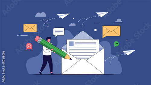 Man holding a giant green pencil writing a message for a large open envelope with paper planes flying in a dark blue sky background.