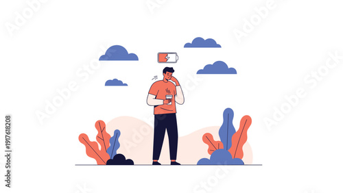 Exhausted man holding a coffee cup with a low battery icon above his head standing in an outdoor park to represent burnout and stress.