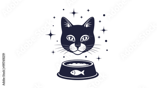 Stylized black and white graphic of a cat head positioned above a pet food bowl decorated with small fish and magical stars above.