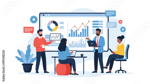 Diverse business team analyzing charts and data on a large computer screen during a professional meeting in a modern office space.
