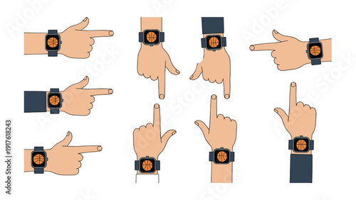 Collection of human hands pointing in various directions wearing modern smart watches with different clock faces and interfaces.