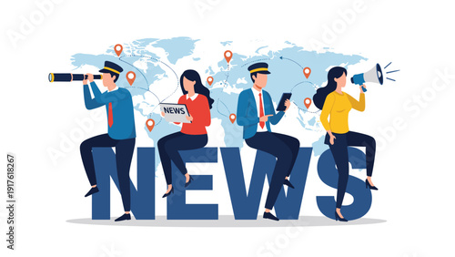 Professional news media team sitting on giant letters with a world map background using binoculars, newspaper, and a megaphone.