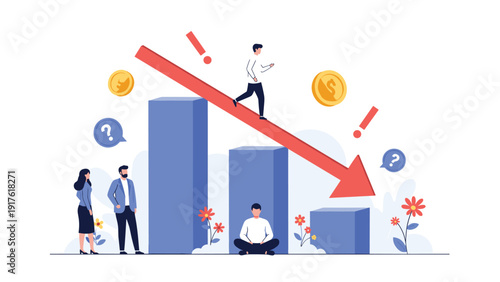 Group of people watching a large red arrow pointing downwards on a bar chart representing an economic recession and financial crisis.