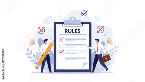 Professional businessmen working with a large clipboard to check off rules and tasks for corporate compliance and organization.