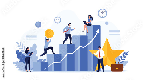 Motivated business team working together to climb a blue bar chart and reach a large golden star of success and achievement.