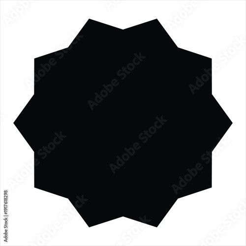 Black circular ten point star seal with broad jagged edges representing a blank quality guarantee badge stamp certificate template on white background.