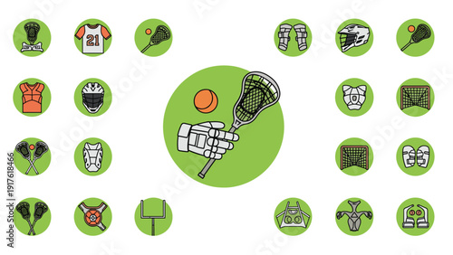 Grid of lacrosse sports equipment icons featuring sticks, helmets, balls, gloves, and protective padding on a bright green background.