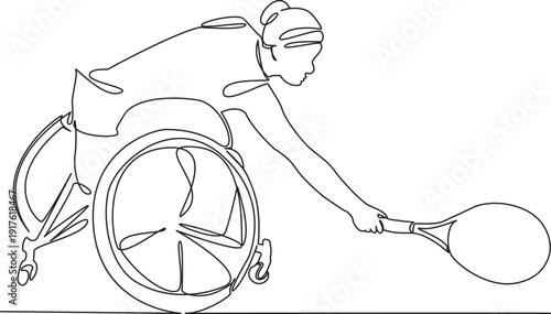 One continuous single drawing line art flat doodle sport, tennis, player, racket, girl, disability, wheelchair, game, active. Isolated image hand draw contour on a white background; hand drawn; not AI