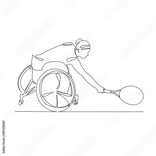 One continuous single drawing line art flat doodle sport, tennis, player, racket, girl, disability, wheelchair, game, active. Isolated image hand draw contour on a white background; hand drawn; not AI
