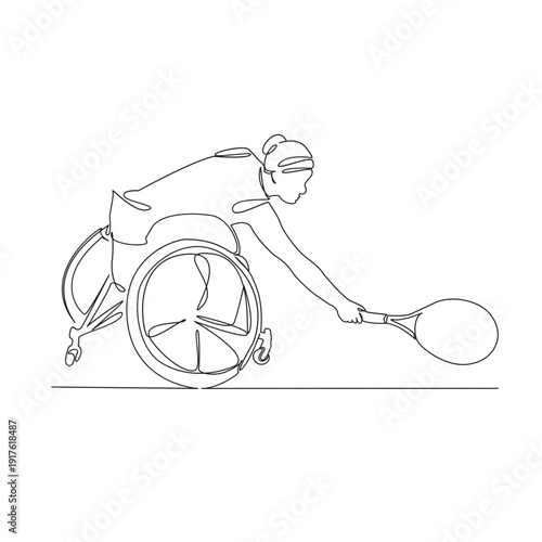 One continuous single drawing line art flat doodle sport, tennis, player, racket, girl, disability, wheelchair, game, active. Isolated image hand draw contour on a white background; hand drawn; not AI