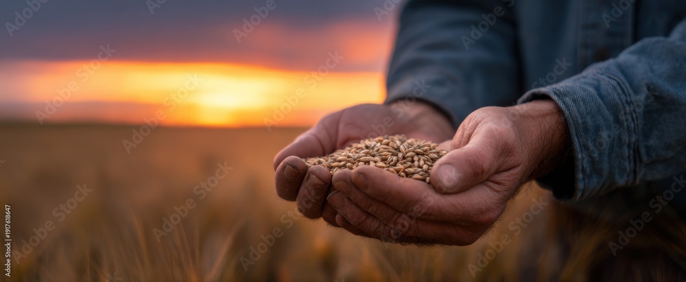 Fototapeta premium the farmers hands cradle golden wheat grains under a vibrant sunset sky