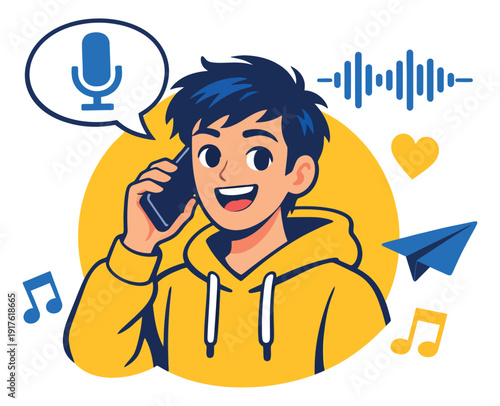 Modern cartoon illustration of a young man depicting a phone call for online communication