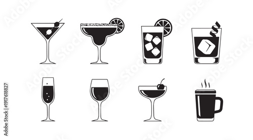 Assorted Cocktail and Drink Icons: Martini, Margarita, Wine, Champagne, Coffee Mug