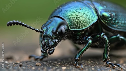 Macro extreme close up of iridescent metallic green beetle with segmented antenna