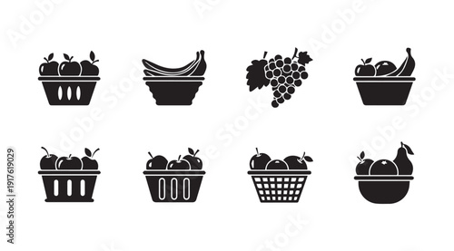 Assorted Fruit Baskets and Grapes Icons Set, Isolated on White Background