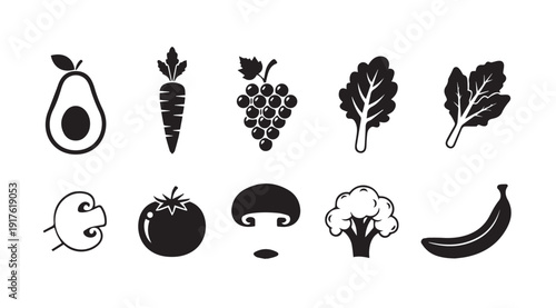 Assorted Fresh Vegetable and Fruit Icons Collection, Simple Silhouette Style