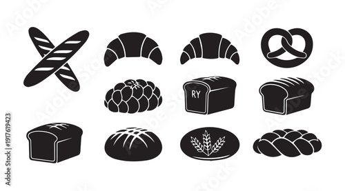 Bakery Icons: Assortment of Bread, Croissants, Pretzel, Baguettes, Challah, Rye Loaf