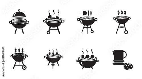 Barbecue Grill Icons Set: Various Charcoal Grills and Cooking Skewers in Silhouette
